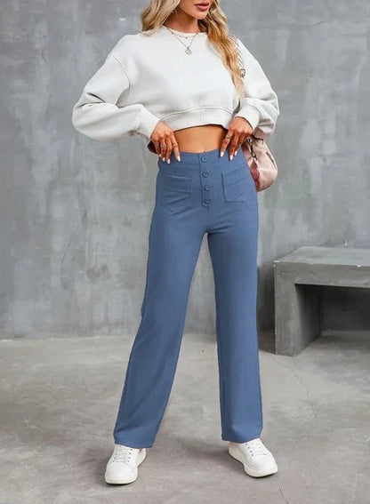 Women's High-Waisted Stretch Pants – Comfortable Straight-Leg Pants with Pockets