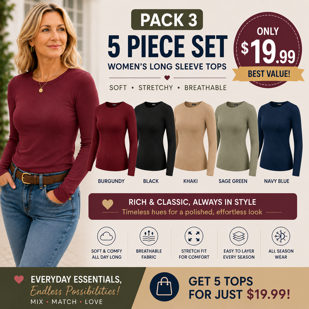 Women's Ribbed Long Sleeve Crewneck Top – Slim Fit Basic Tee