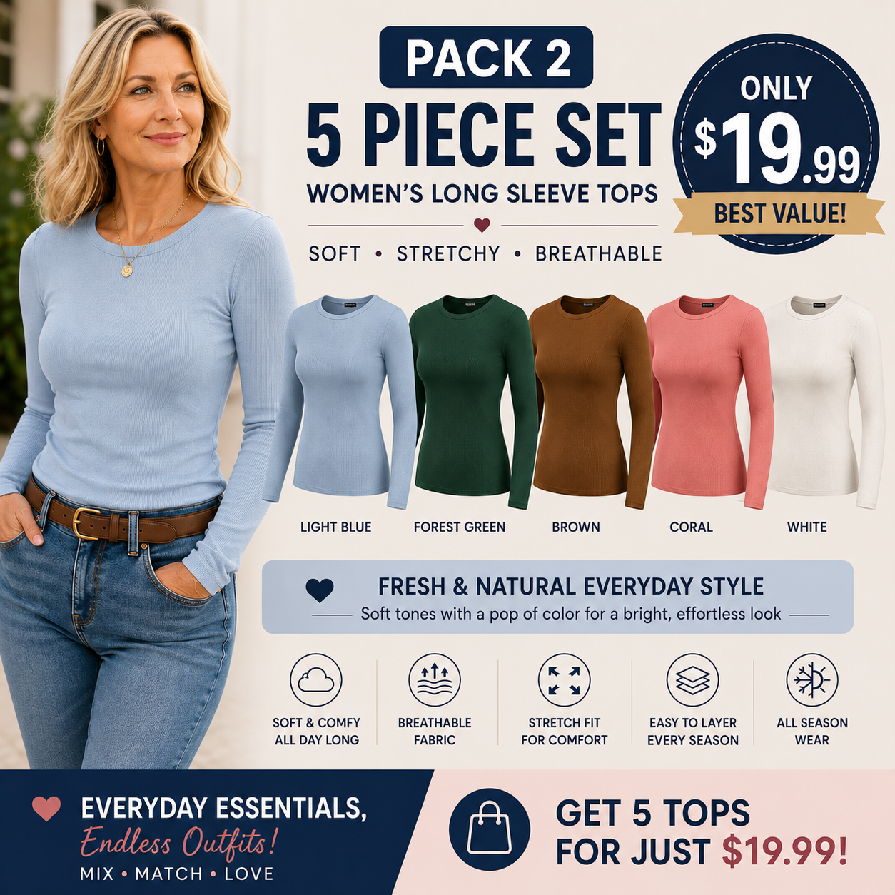 Women's Ribbed Long Sleeve Crewneck Top – Slim Fit Basic Tee