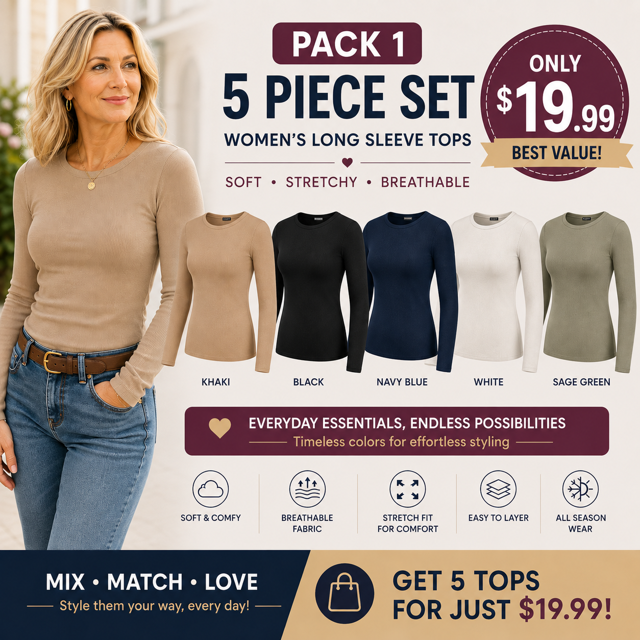 Women's Ribbed Long Sleeve Crewneck Top – Slim Fit Basic Tee