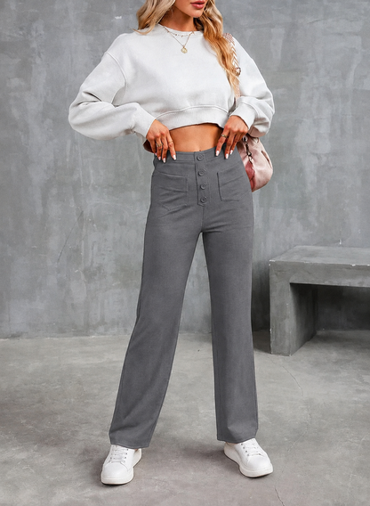 Women's High-Waisted Stretch Pants – Comfortable Straight-Leg Pants with Pockets