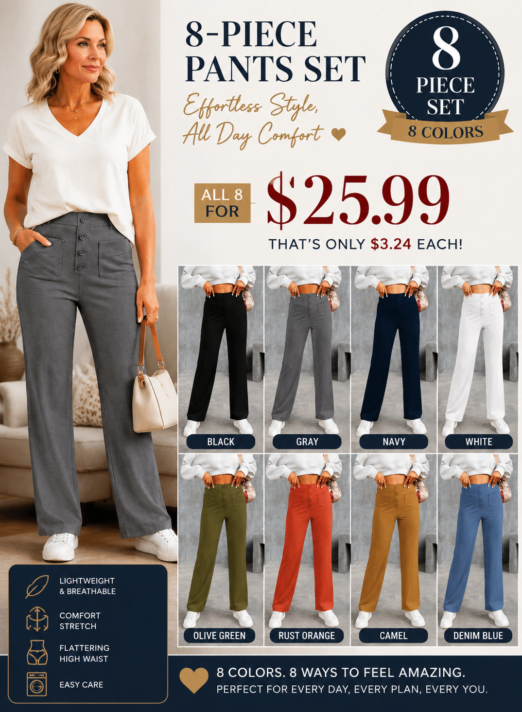 Women's High-Waisted Stretch Pants – Comfortable Straight-Leg Pants with Pockets