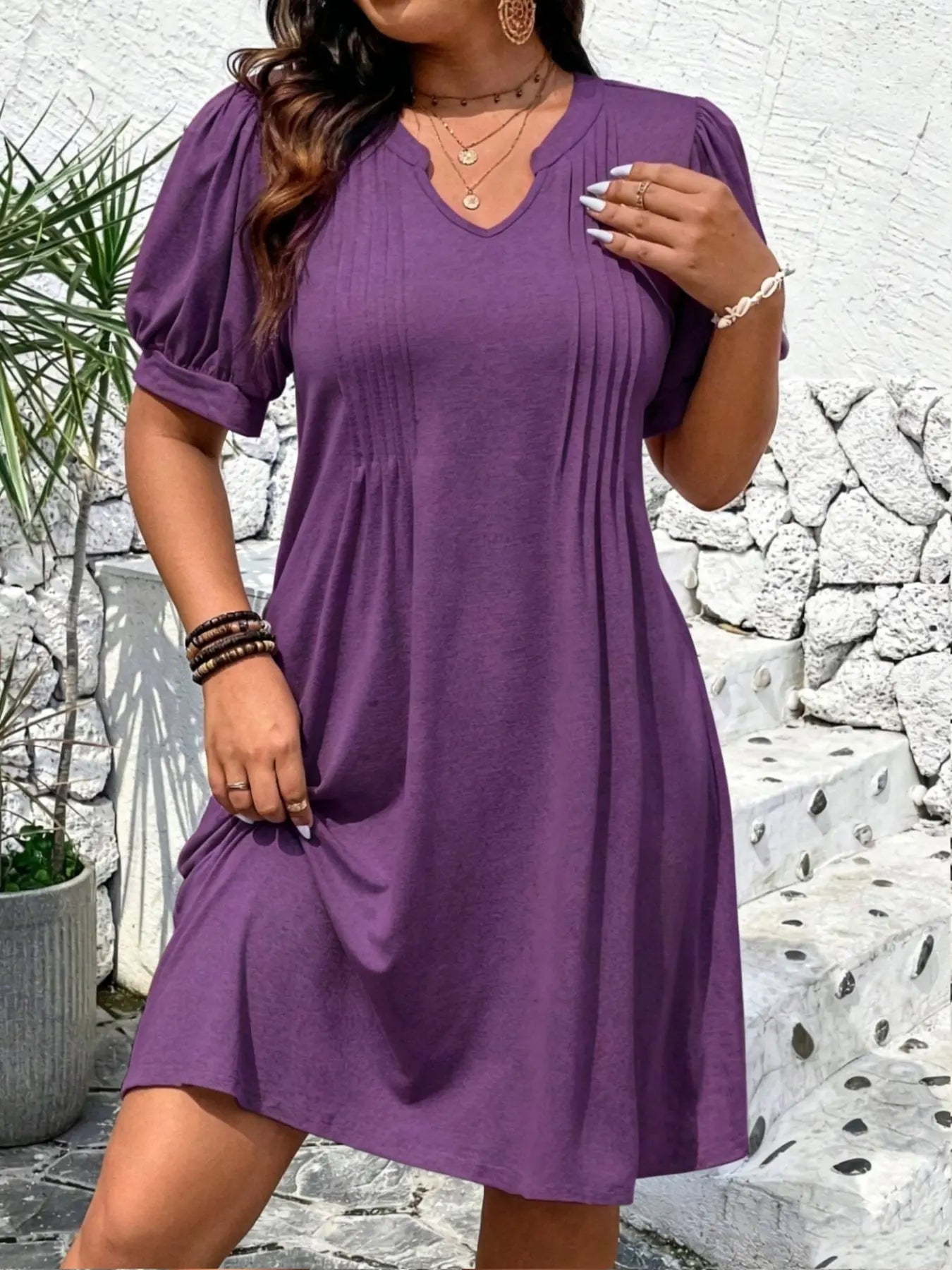 Women's Fashionable and Comfortable V Neck Bubble Sleeve Dress, Casual Loose Solid A Line Short Dress
